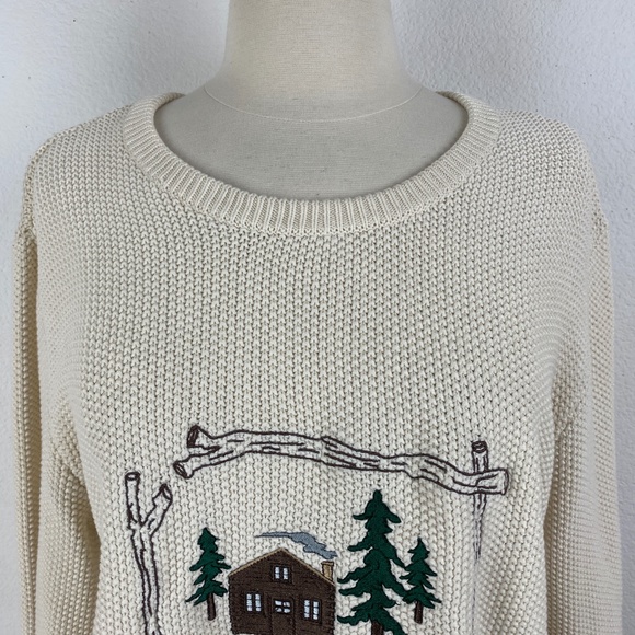 Cabela’s Women’s Size L Cream Perl Knit Embroidered Sweater Pullover Log Cabin - Picture 2 of 8